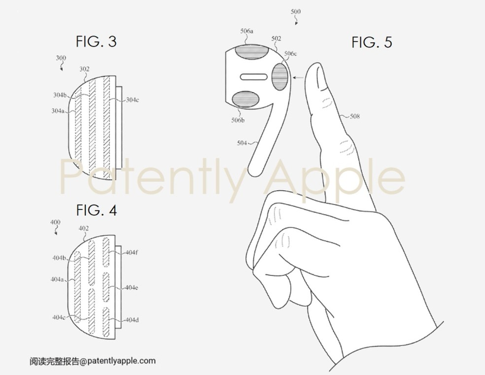 Usuários poderiam ativar os eletrodos por meio do toque no corpo dos earbuds — Foto: Reprodução/Patently Apple