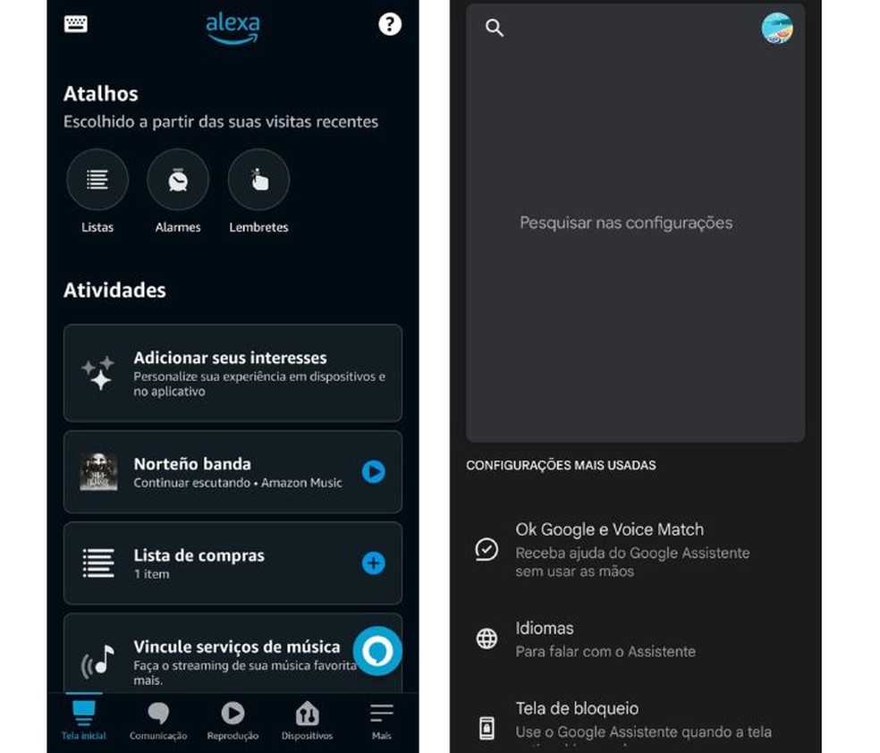 App da Alexa vs App do Google Assistente — Foto: Reprodução/Juliana Villarinho