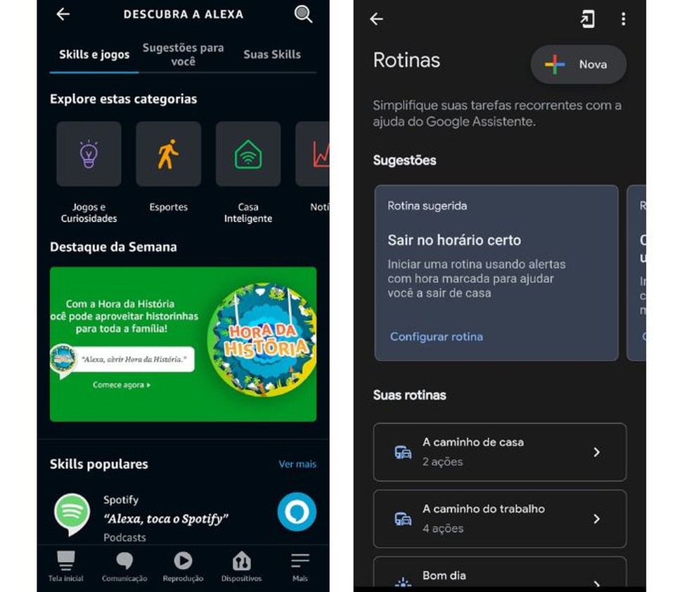 Skills da Alexa e Rotinas do Google Assistente — Foto: Reprodução/Juliana Villarinho