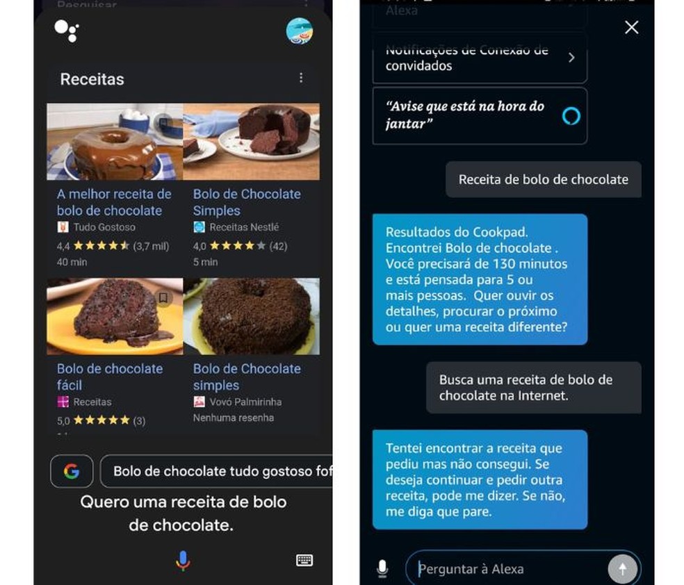 Diferentes respostas do Google Assistente e Alexa — Foto: Reprodução/Juliana Villarinho
