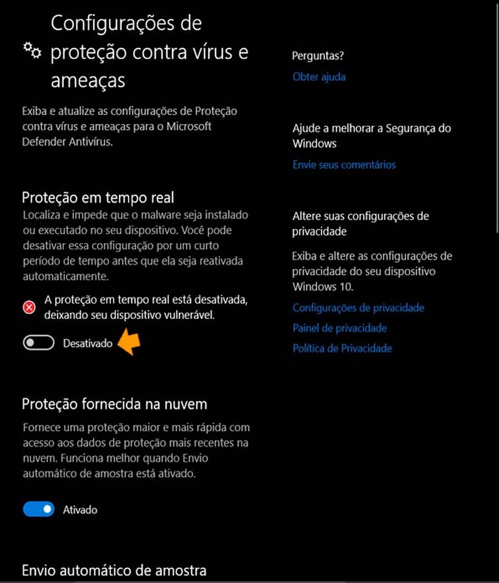 Último passo para desativar o Windows Defender no Windows 10 — Foto: Aricia Faria/TechTudo