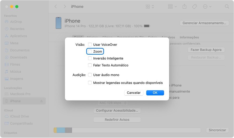 Desabilitar o zoom do iPhone com o Finder no macOS Ventura — Foto: Reprodução/Apple