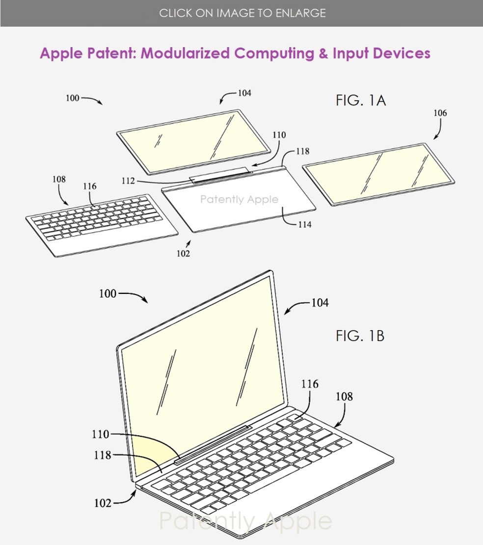 MacBooks modulares podem ser montados de diversas formas, a depender da necessidade do usuário — Foto: Reprodução/Patently Apple