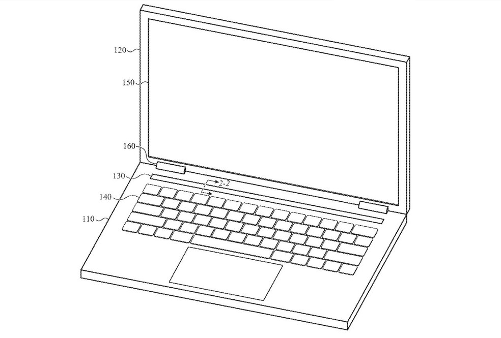 Patente da Apple mostra a região 130, uma Touch Bar, e 150, a tela principal; ambas poderiam contar com touch 3D — Foto: Reprodução/USPTO