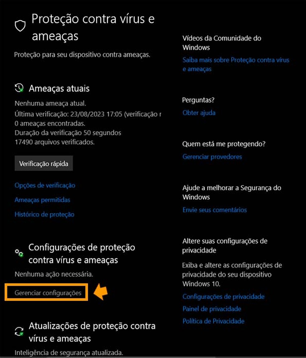 Link para acessar as configurações de proteção contra vírus e ameaças do Windows 10 — Foto: Aricia Faria/TechTudo