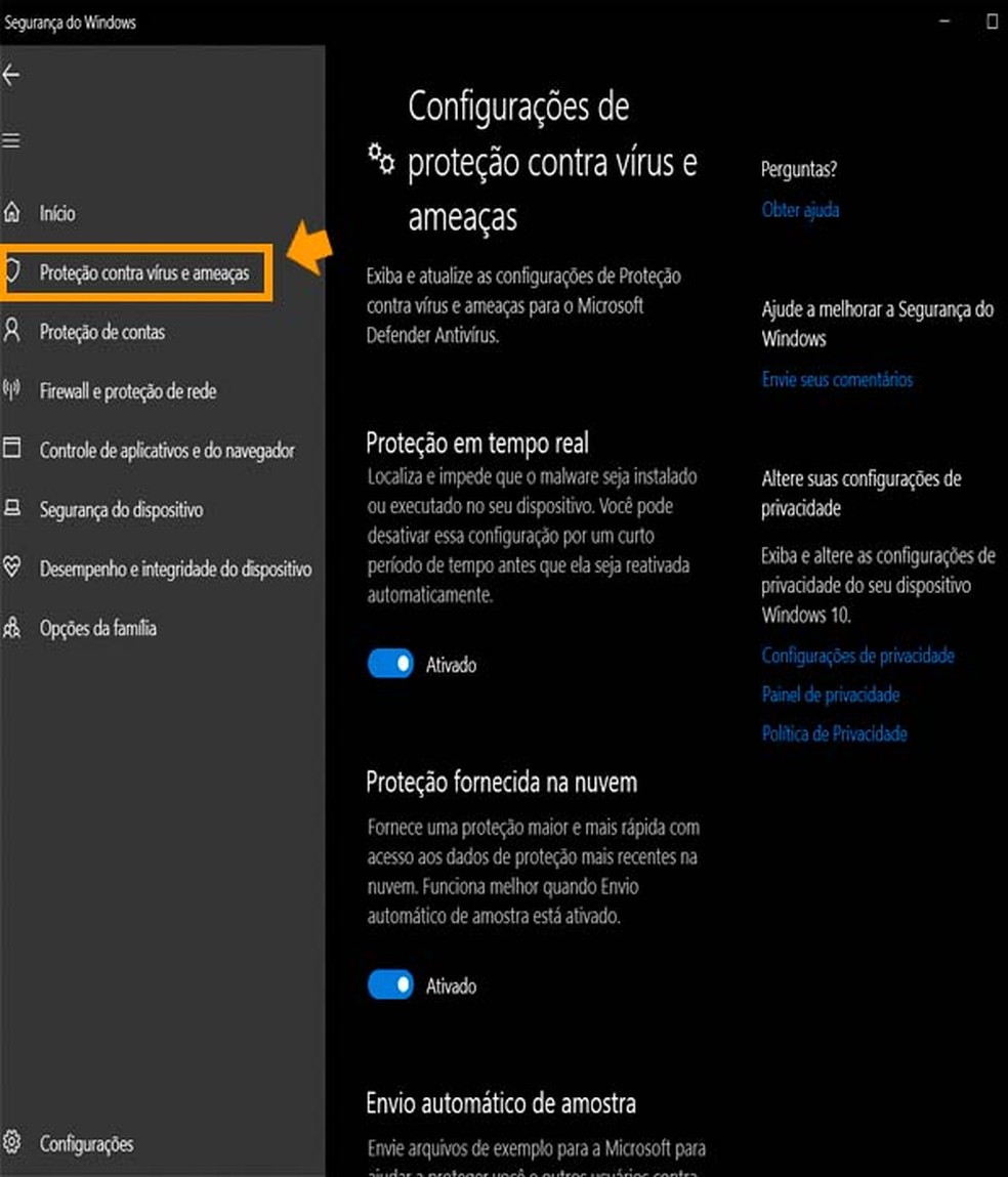 Caminho para acessar as configurações de proteções contra vírus do Windows Defender — Foto: Aricia Faria/TechTudo