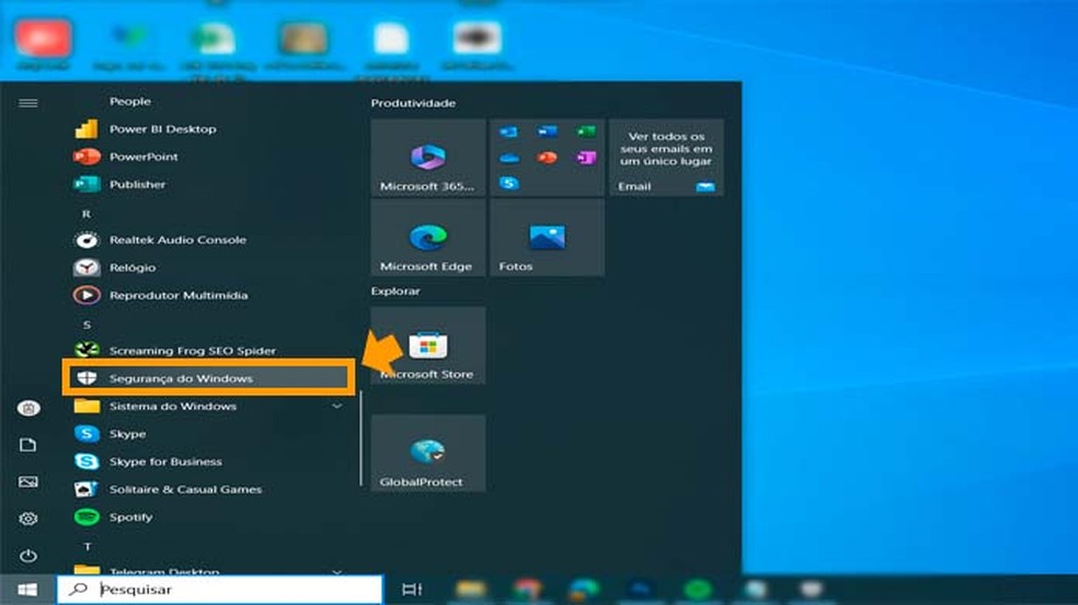Localizando a opção Segurança do Windows na interface do sistema operacional — Foto: Aricia Faria/TechTudo