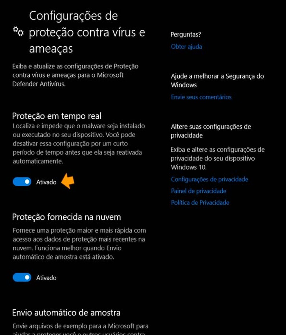 Onde ativar o Windows Defender no Windows 10 — Foto: Aricia Faria/TechTudo