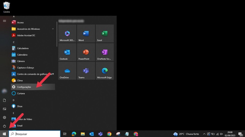 Como desativar o touchpad do notebook Windows 10 : clique em “Configurações” após selecionar o menu “Iniciar” — Foto: Reprodução/Mayara Aguiar