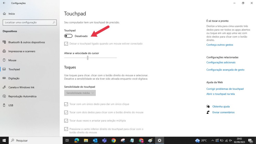 Como desativar o touchpad do notebook Windows 10: para finalizar, toque para desabilitar o touchpad — Foto: Reprodução/Mayara Aguiar