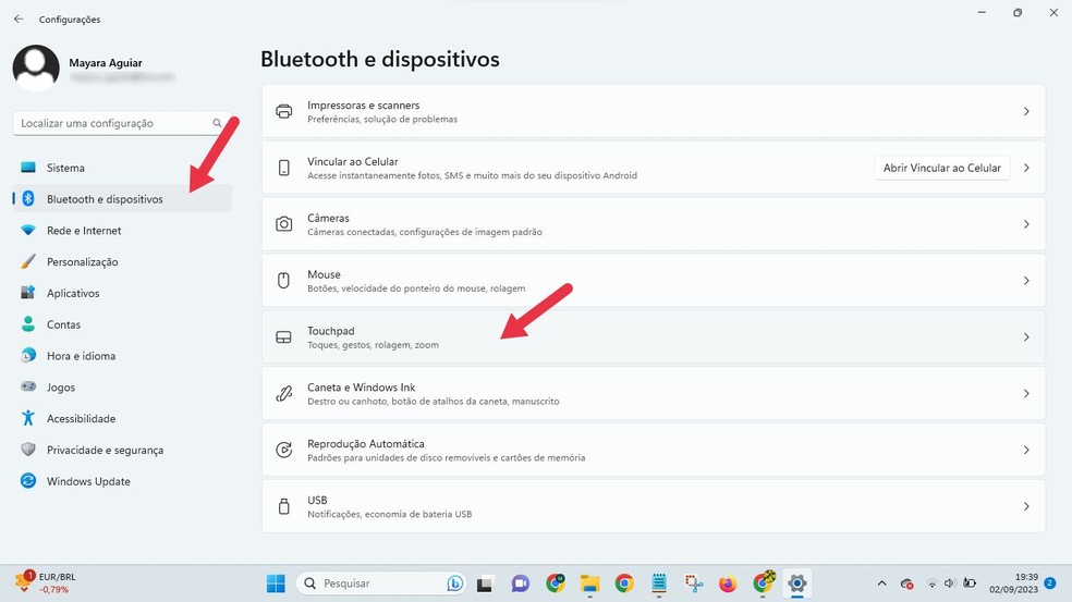 Como ativar o touchpad do notebook Windows 11: em "Bluetooth e dispositivos", encontre a opção “Touchpad” — Foto: Reprodução/Mayara Aguiar