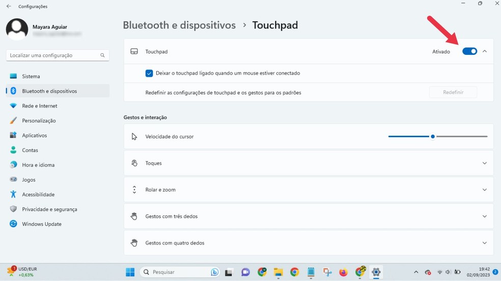 Como ativar o touchpad do notebook Windows 11: em poucos cliques, é possível ativar o touchpad do notebook com Windows 11 — Foto: Reprodução/Mayara Aguiar