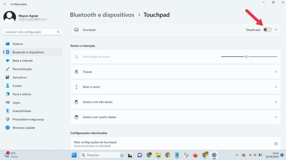 Como desativar o touchpad do notebook Windows 11: em poucos passos, é possível desativar o touchpad do notebook com Windows 11 — Foto: Reprodução/Mayara Aguiar