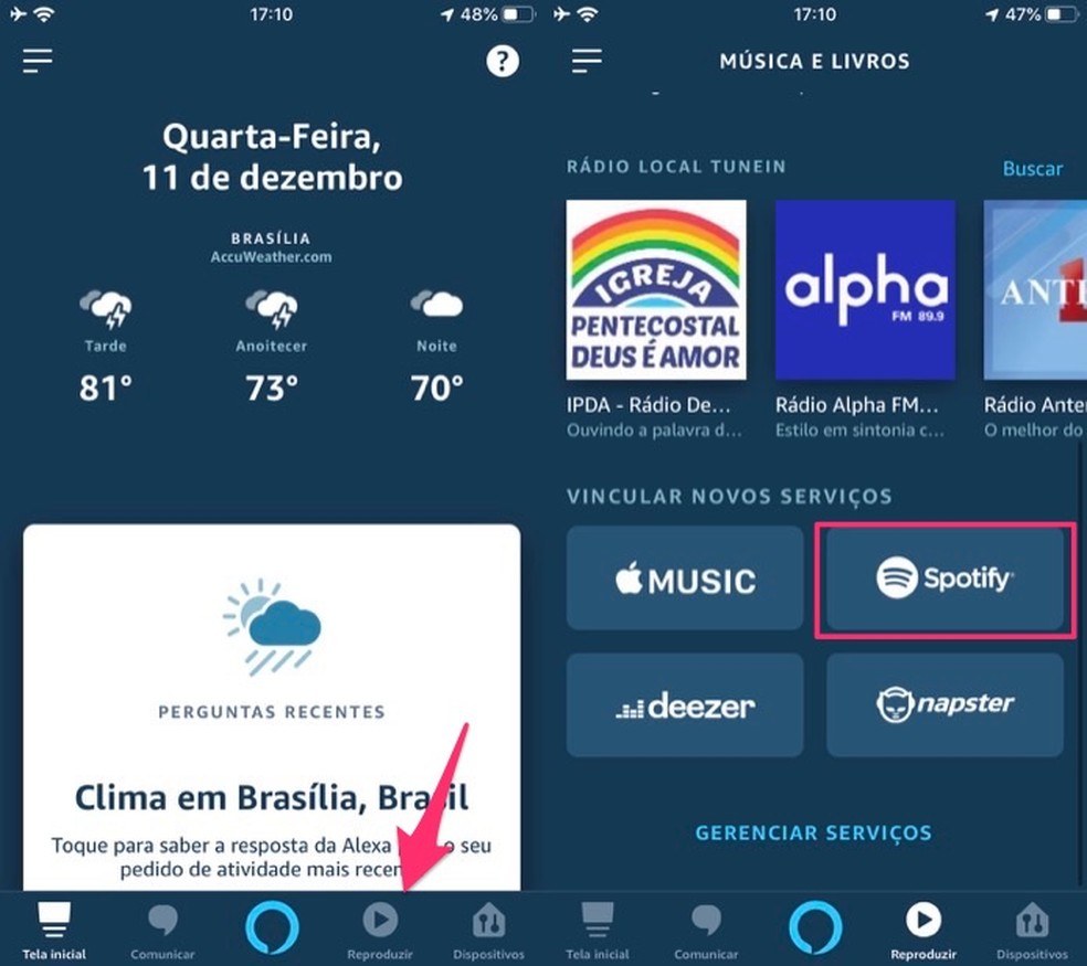 Ação para visualizar opções de serviço de música para vincular em uma Echo Dot — Foto: Reprodução/Marvin Costa