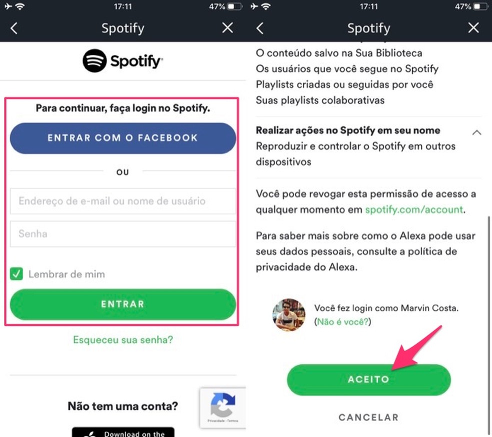 Ação para vincular uma conta do Spotify em uma caixa Amazon Echo — Foto: Reprodução/Marvin Costa