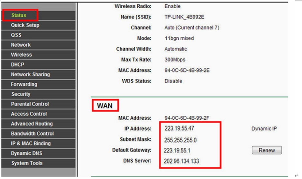 Localização da WAN na página de Status/Informação do TP-Link — Foto: Divulgação/TP-Link