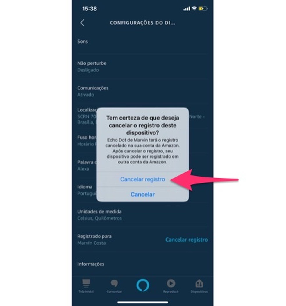 Ação para cancelar o registro de uma caixa Amazon Echo — Foto: Reprodução/Marvin Costa