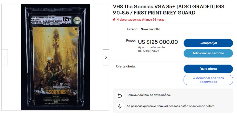 Fita VHS de "Os Goonies" é vendida por R$ 600 mil no eBay; entenda a tendência — Foto: Reprodução/eBay