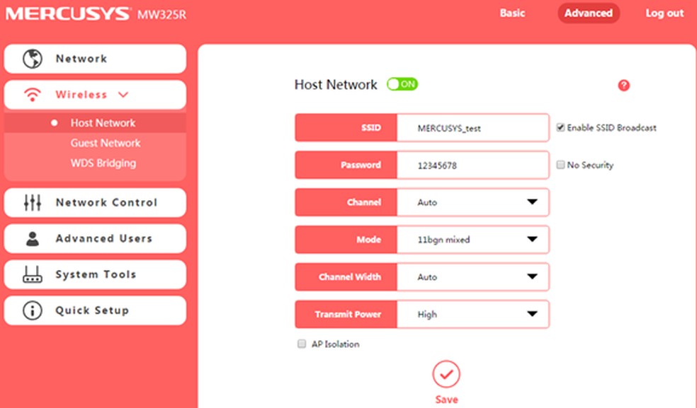 Acesse o campo “Wireless” e escolha a opção  “Host Network” — Foto: Divulgação/Mercusys