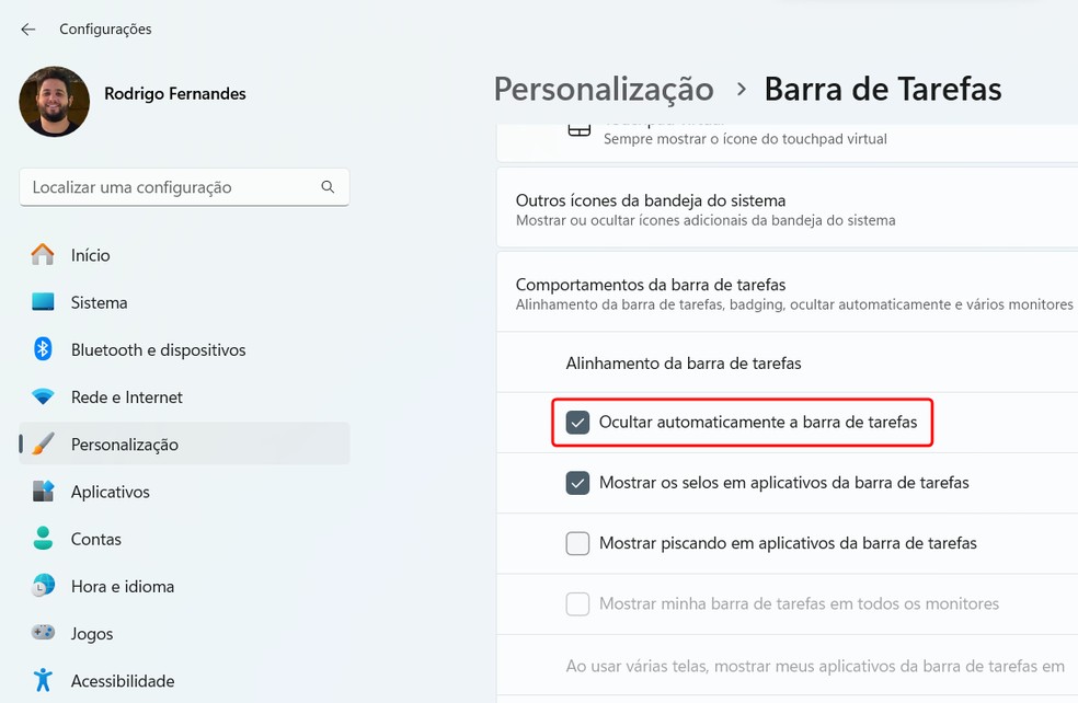 Windows 11 permite ocultar a barra de tarefas automaticamente — Foto: Reprodução/Rodrigo Fernandes