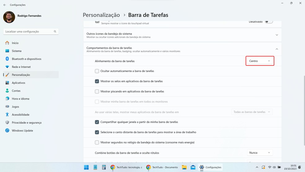 Saiba como centralizar ou colocar a barra de tarefas do Windows 11 à esquerda — Foto: Reprodução/Rodrigo Fernandes