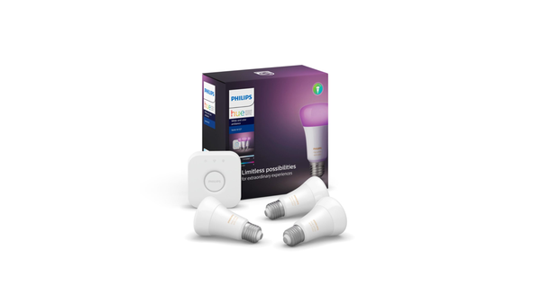 Philips Hue White & Color Ambiance A60 E27 Starter Kit é um combo que oferece três lâmpadas smart e um hub Bridge