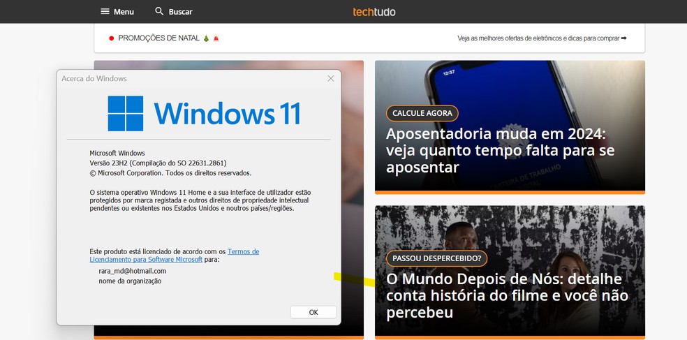 Procedimento padrão mostra a versão do Windows que está em uso — Foto: Reprodução/Raíssa