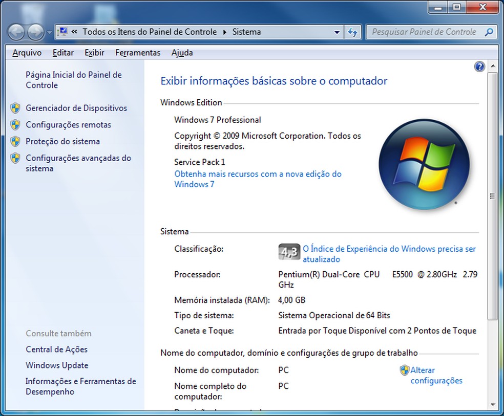 Visualizando as informações do Windows 7 — Foto: Edivaldo Brito/TechTudo