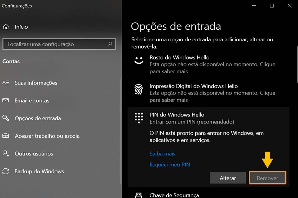 Local do PIN do Windows Hello — Foto: Aricia Faria/TechTudo