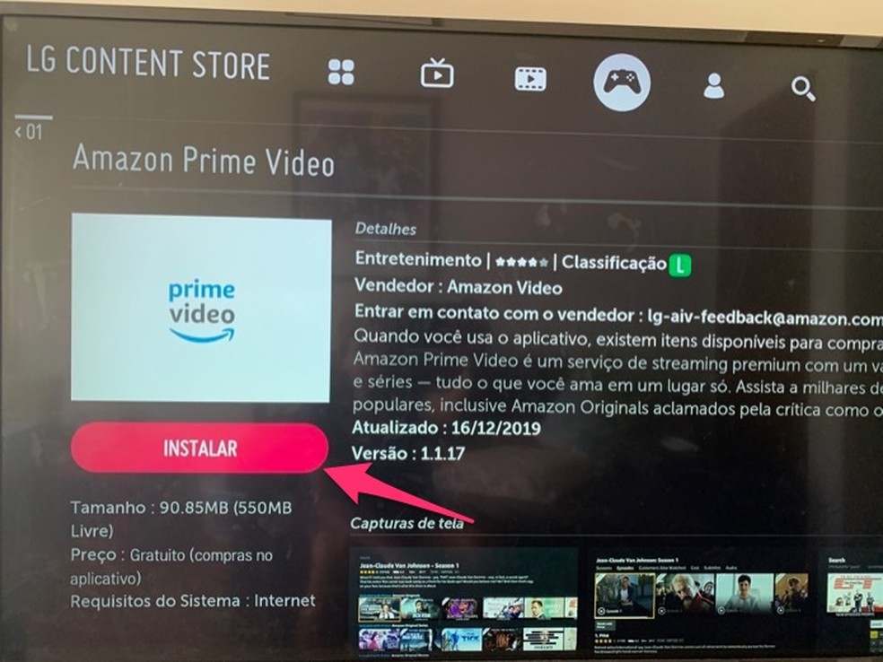 Ação para instalar o aplicativo Amazon Prime Video em uma smart TV — Foto: Reprodução/Marvin Costa
