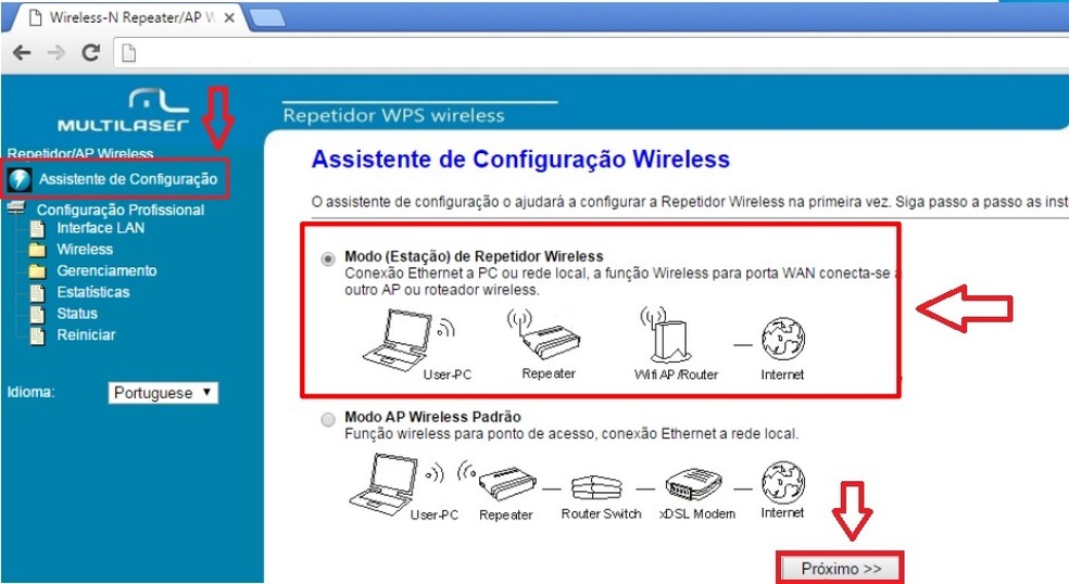 Acesse o "Assistente de Configuração" — Foto: Reprodução/Multilaser