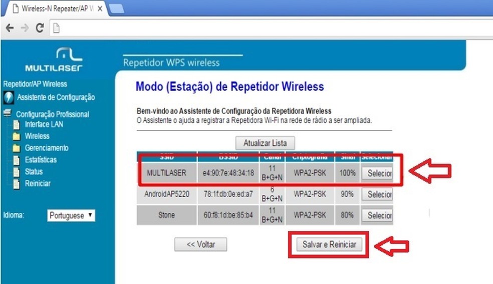 Selecione a rede que deseja ampliar — Foto: Reprodução/Multilaser