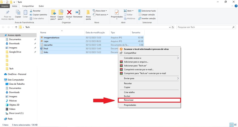 Escolha a opção 'Renomear' — Foto: Diego Cataldo/TechTudo