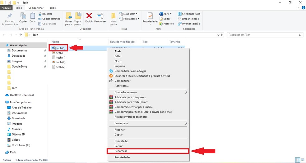 Selecione o arquivo e vá em 'Renomear' — Foto: Diego Cataldo/TechTudo