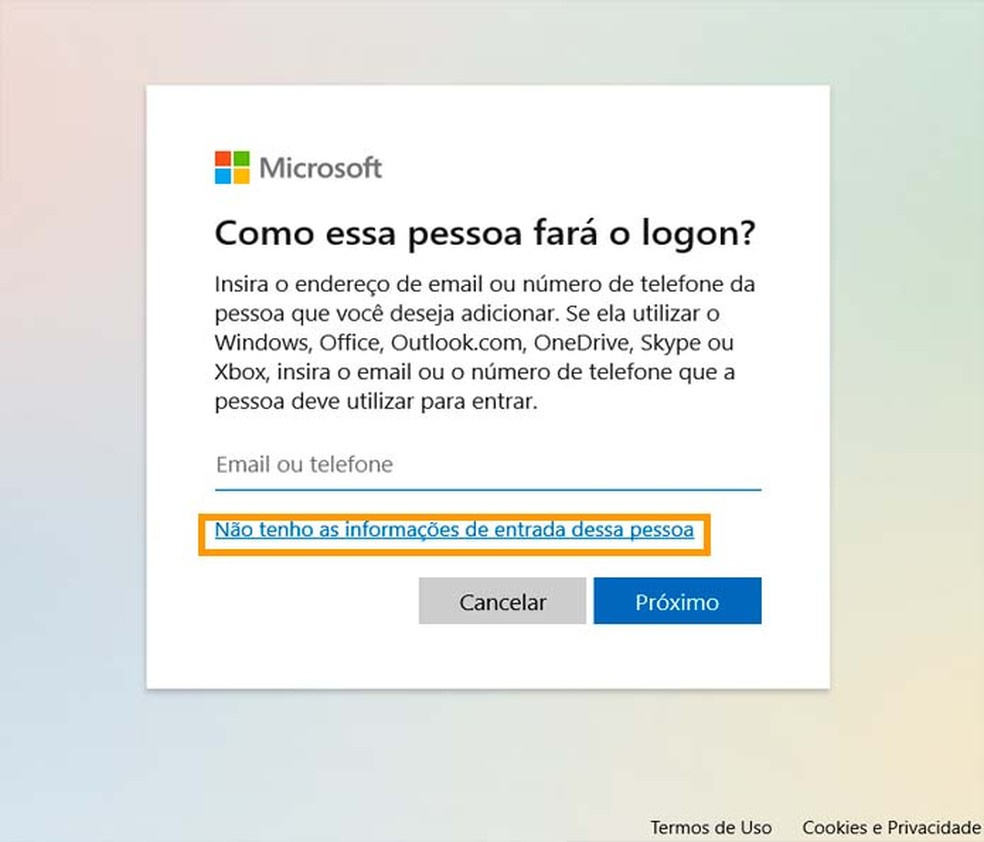 Mensagem Não Tenho Informações de Entrada dessa Pessoa no Windows 10 — Foto: Aricia Faria/TechTudo