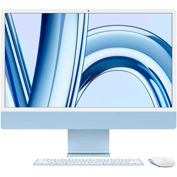 iMac. O computador desktop tudo em um da Apple com chip M3 (2023): CPU de 8 núcleos, GPU de 10 núcleos, tela Retina 4.5K 24 pol, 8 GB de memória unificada, SSD 256 GB e acessórios na mesma cor. Azul