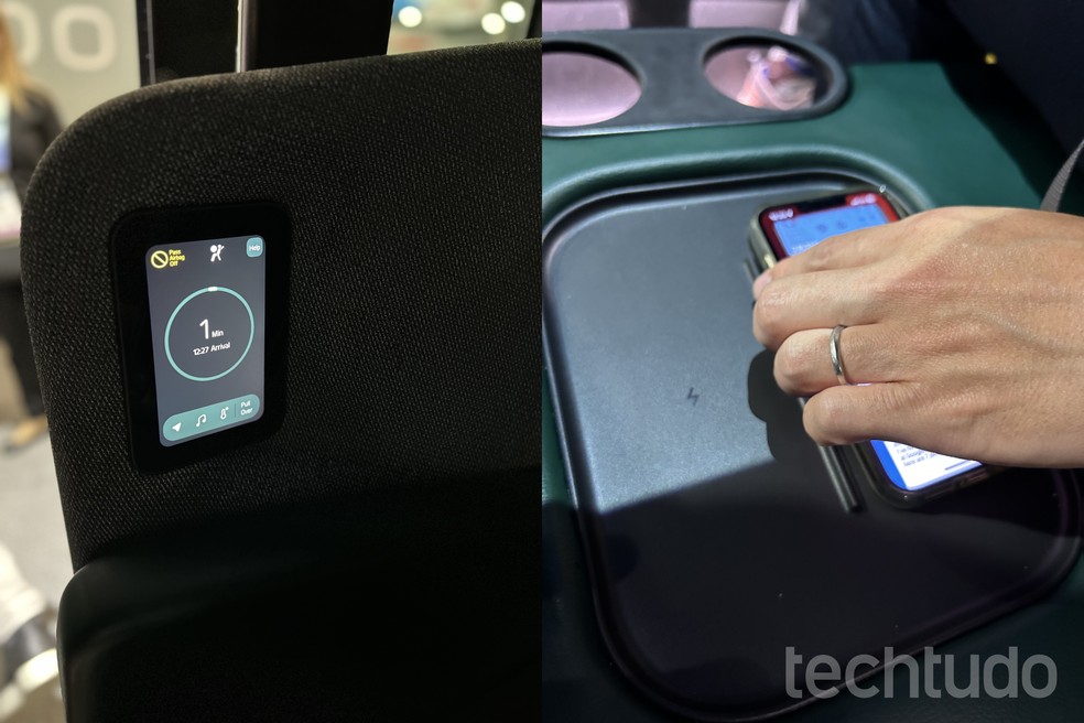 Display sensível ao toque (à esquerda) e carregador de celular sem fio (à direita) no carro autônomo da Zoox — Foto: Tainah Tavares/TechTudo