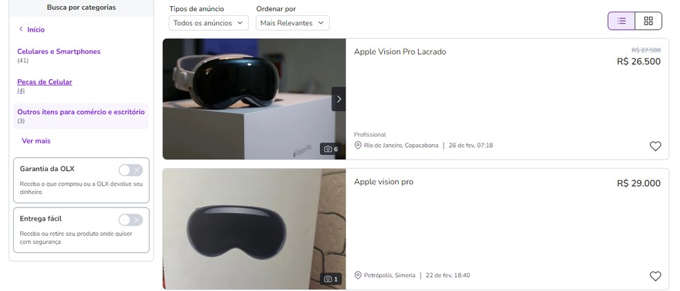 Apple Vision Pro sendo anunciado na busca da OLX — Foto: Reprodução/TechTudo